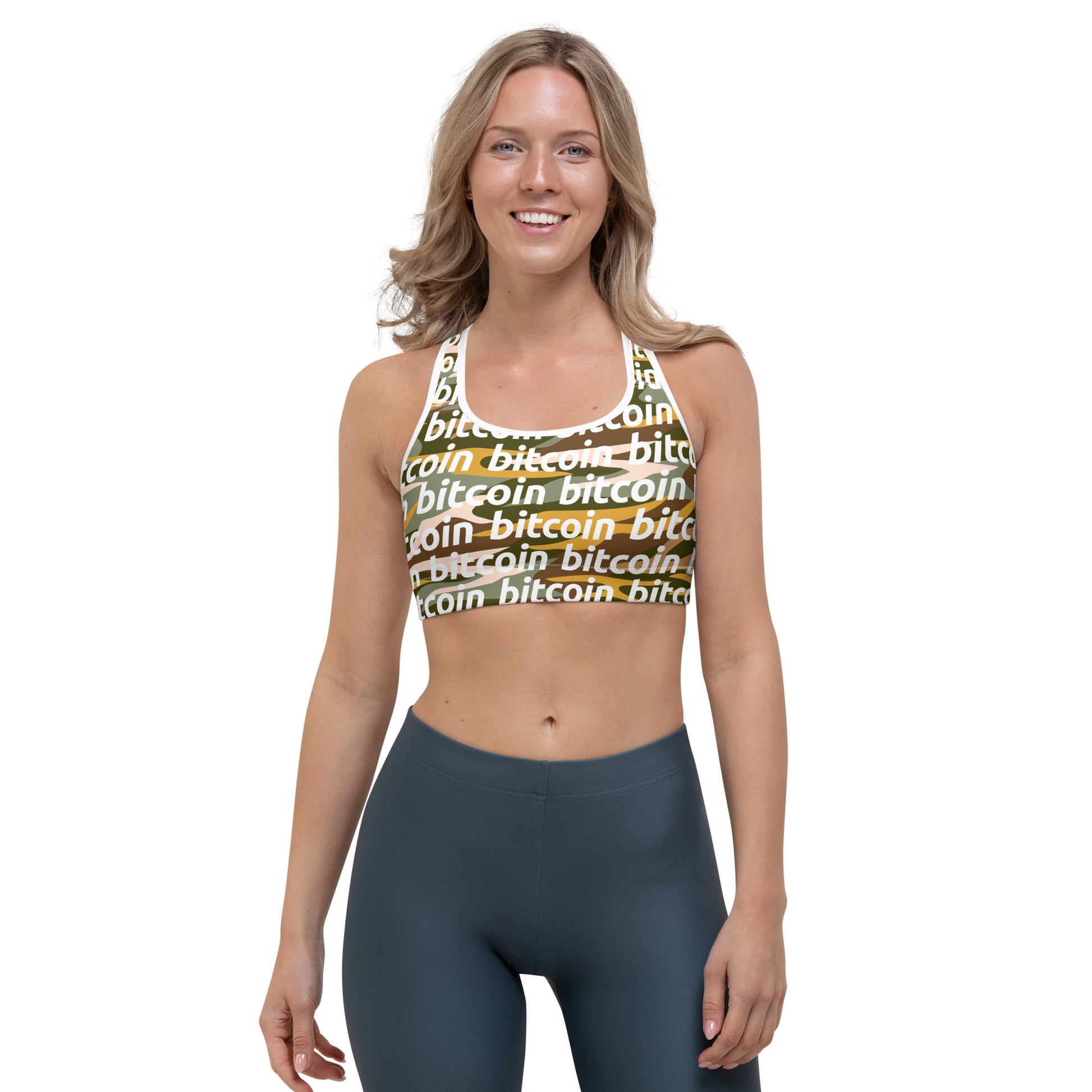 Bitcoin Desert Camo Sports Bra printful