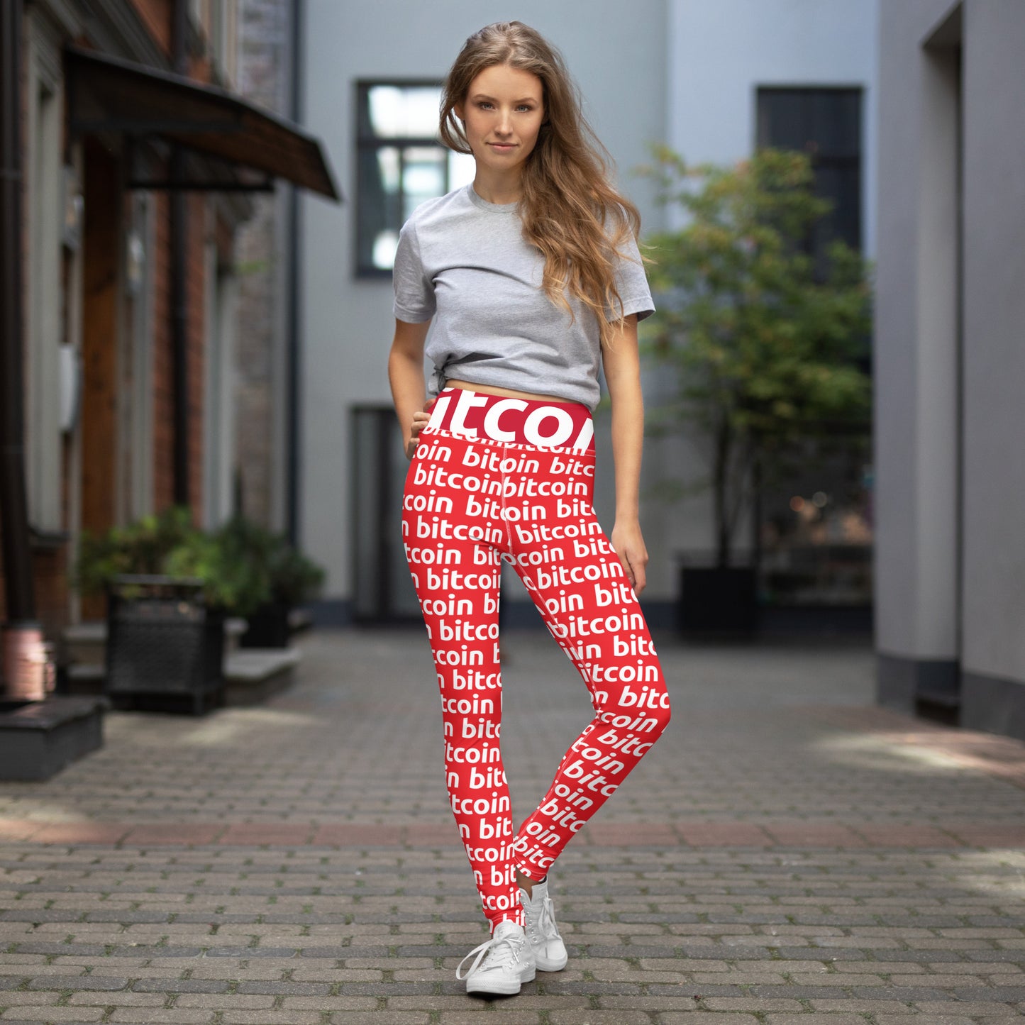 Bitcoin Red White Yoga Leggings printful