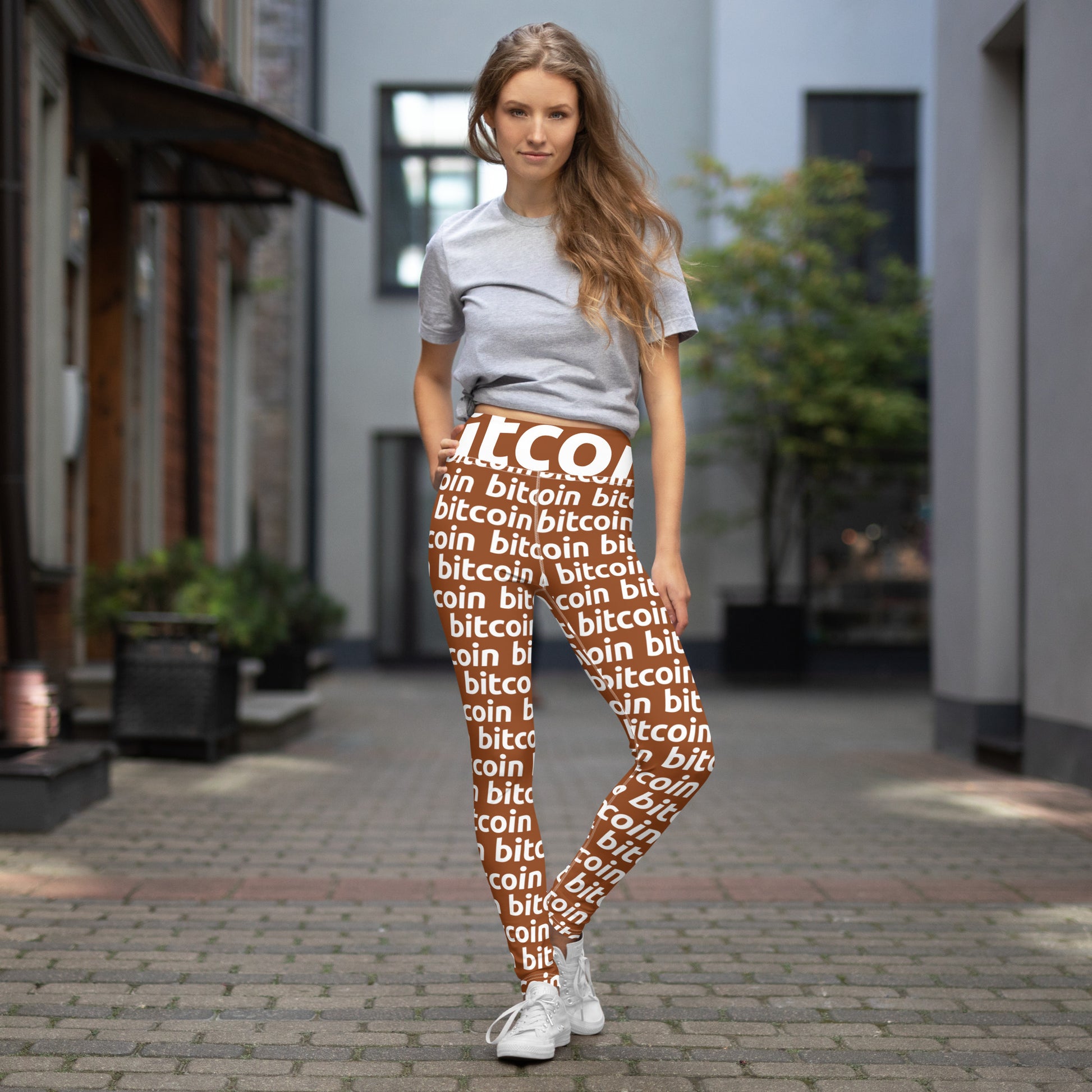 Bitcoin Hazelnut White Yoga Leggings printful