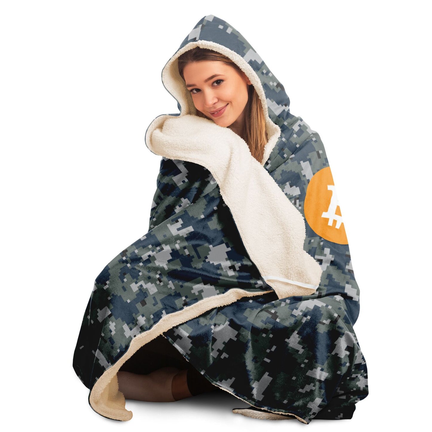 Bitcoin Camo Navy Hooded Blanket In N Out Crypto