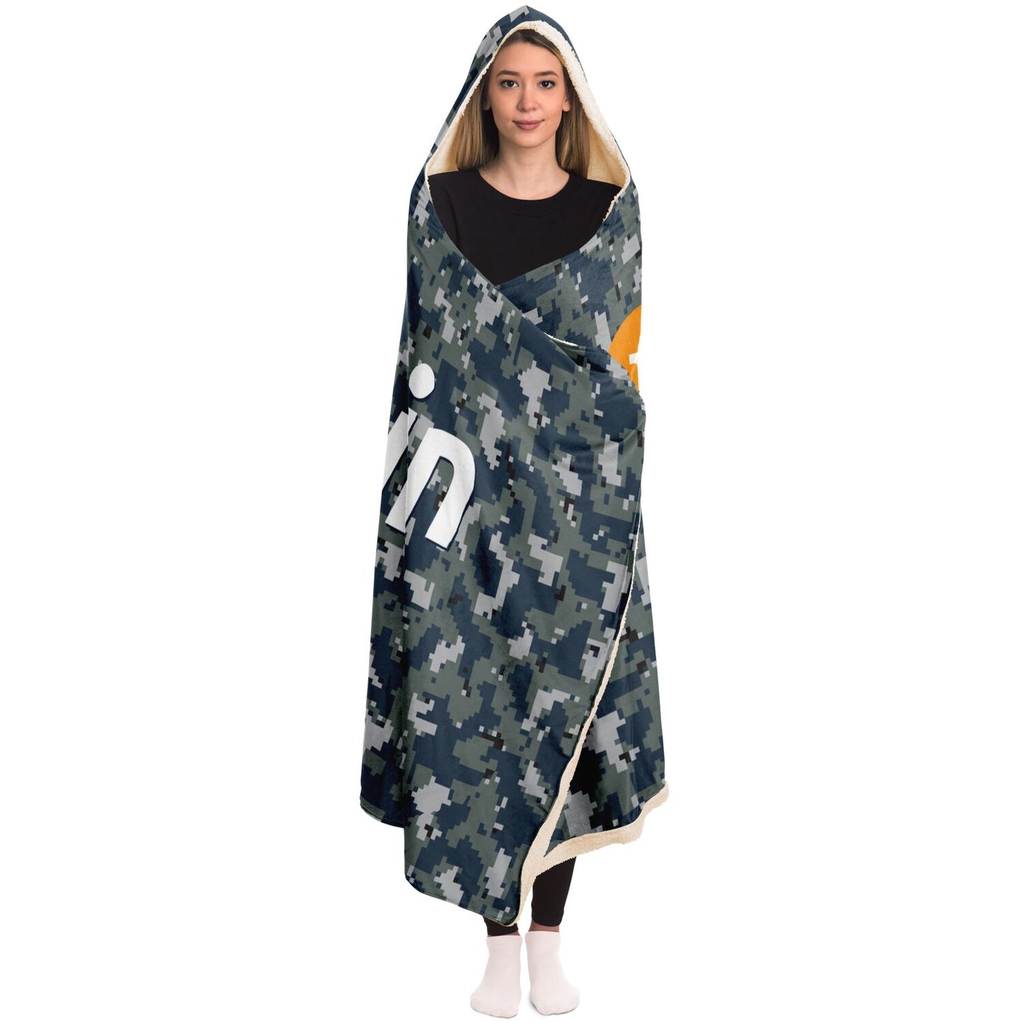 Bitcoin Camo Navy Hooded Blanket In N Out Crypto